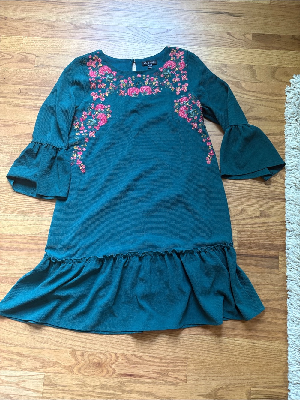 Teal Dress with Pink Floral Embroidery